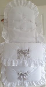 White with Grey Bow - Footmuff/Cosey Toes/Pram Set